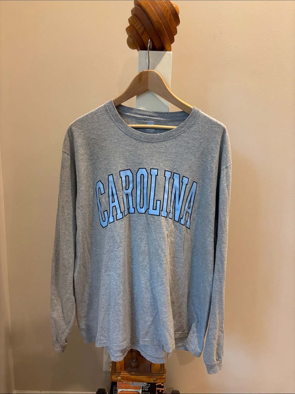 Carolina Long Sleeve Crewneck TShirt - Gray with Light Blue Lettering